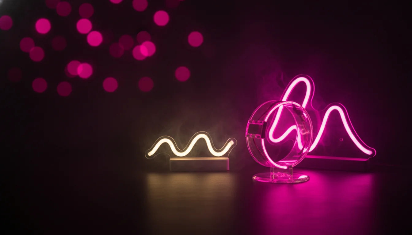 Produtos Hutz: pulseiras LED, letreiros neon e luminárias com luz rosa magenta sobre fundo escuro